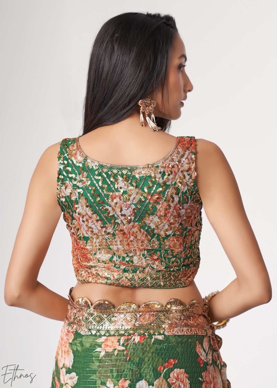 Camouflage Green Rose Floral Print Organza Saree