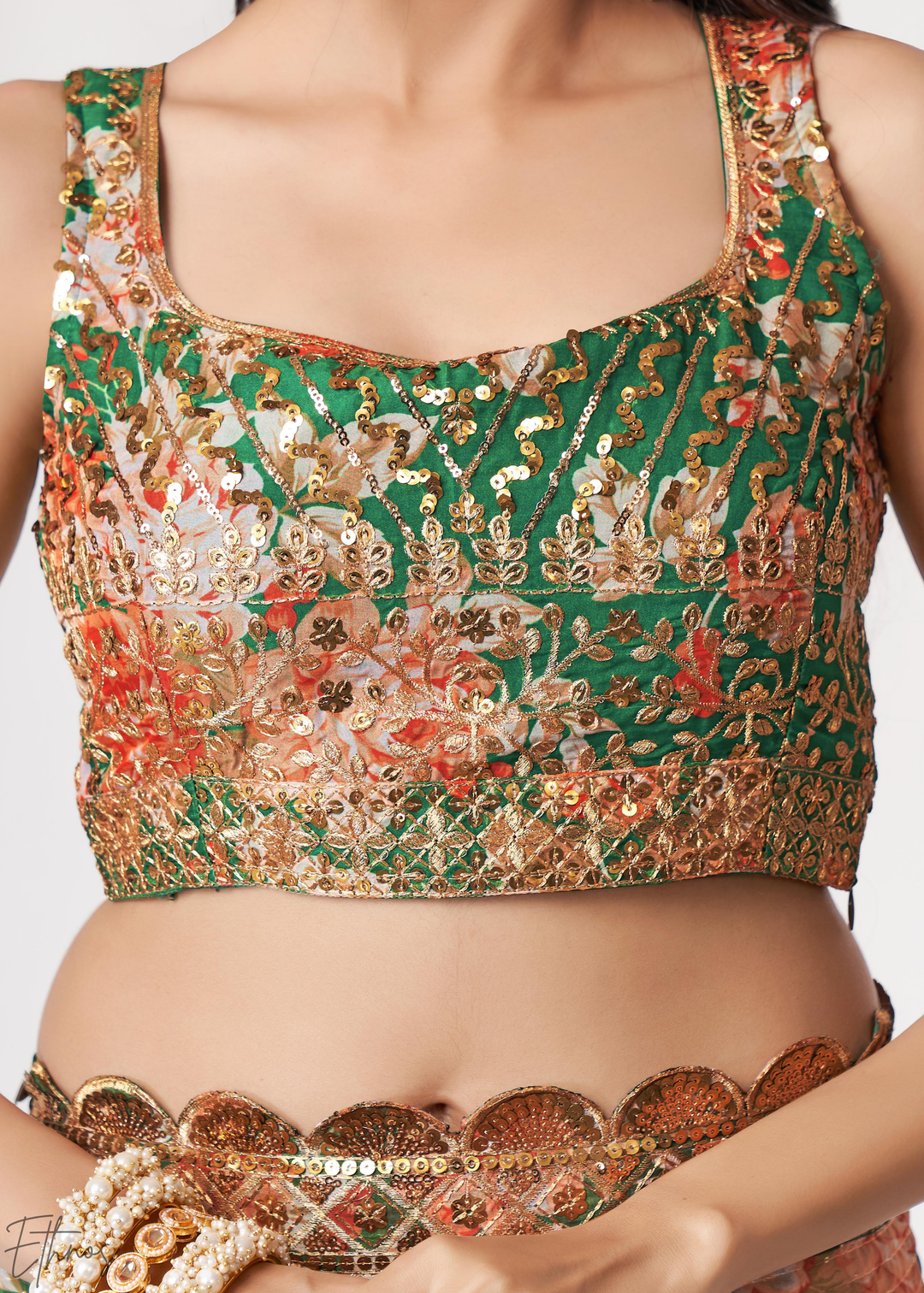 Camouflage Green Rose Floral Print Organza Saree