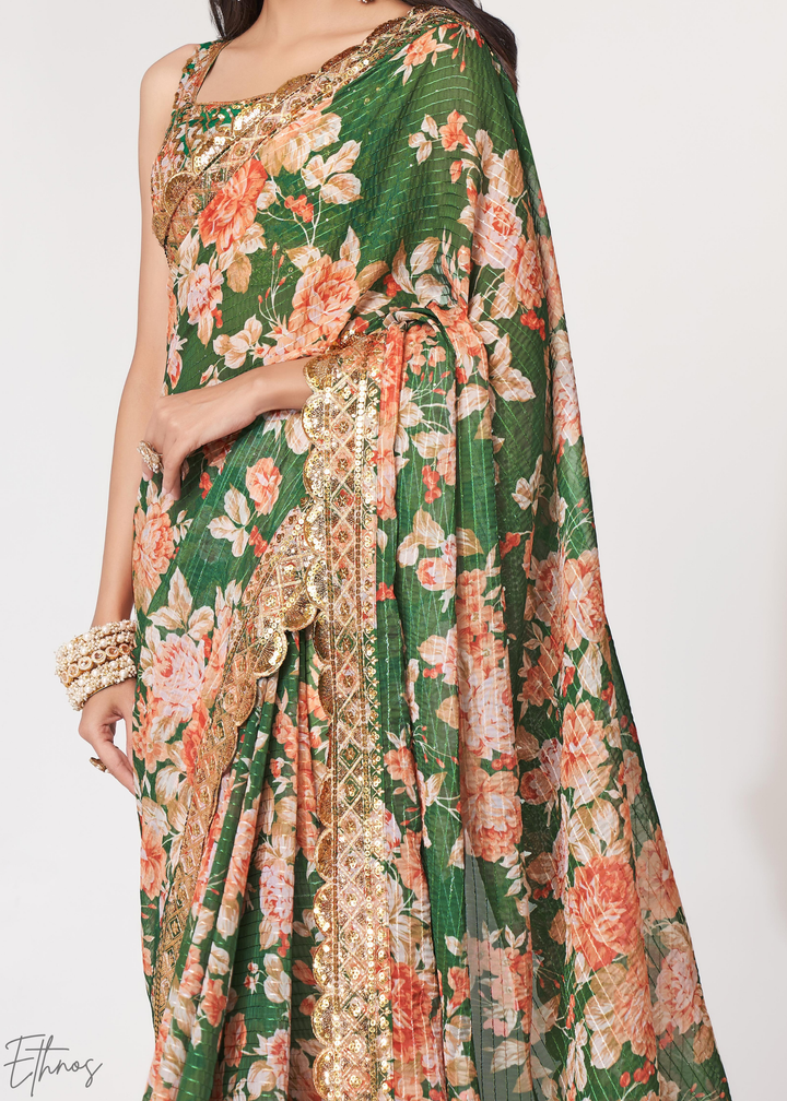 Camouflage Green Rose Floral Print Organza Saree
