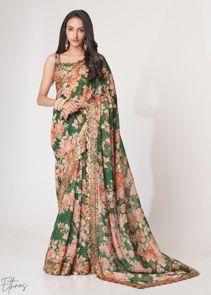 Camouflage Green Rose Floral Print Organza Saree