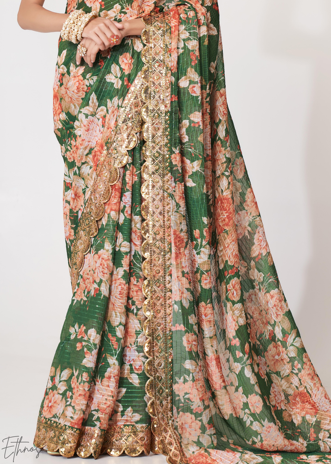 Camouflage Green Rose Floral Print Organza Saree