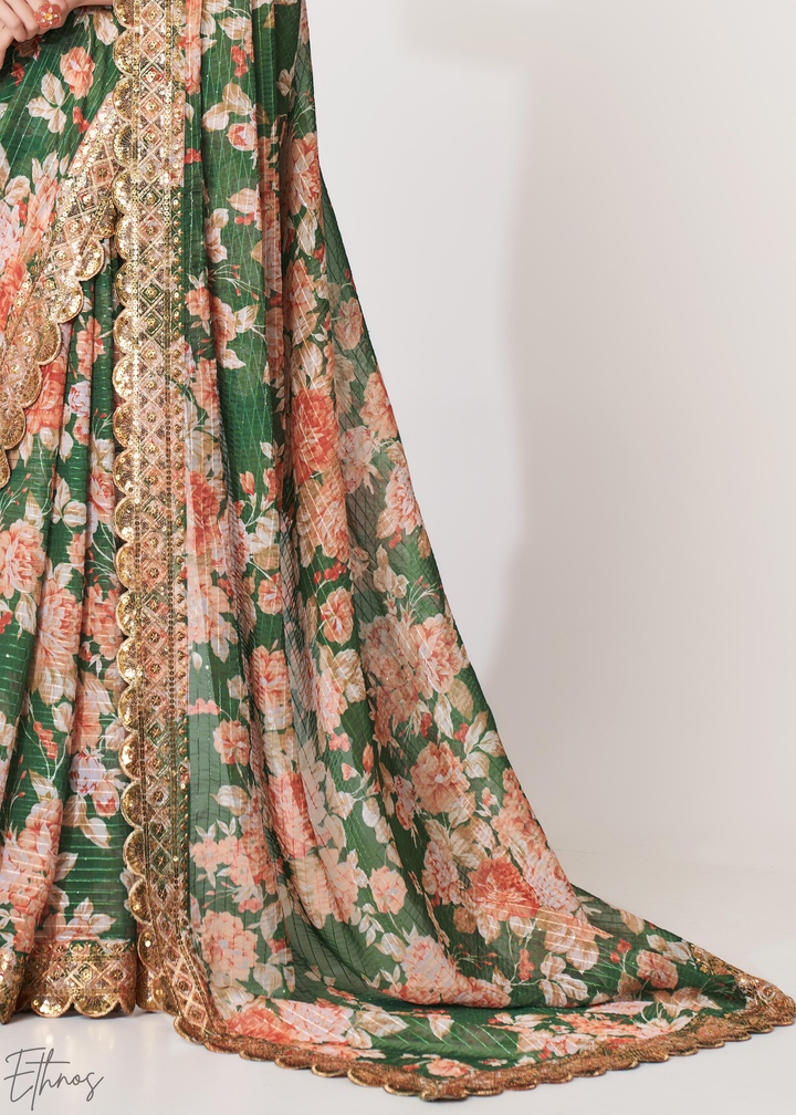 Camouflage Green Rose Floral Print Organza Saree