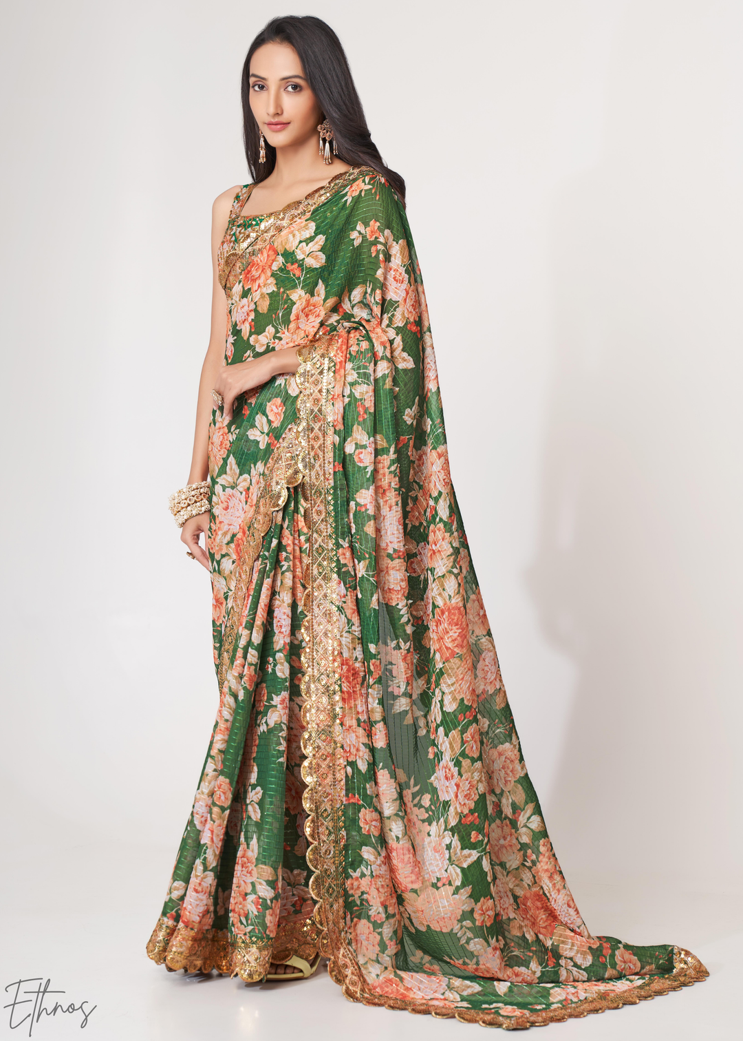 Camouflage Green Rose Floral Print Organza Saree
