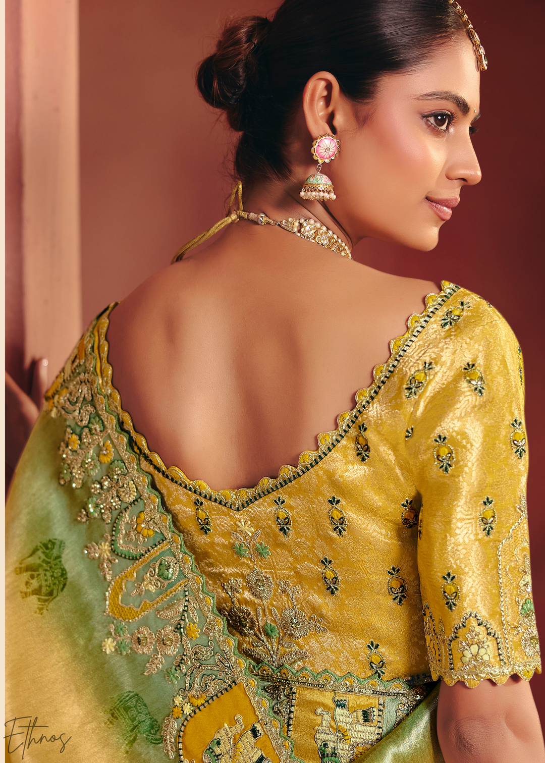 Canary Yellow Floral Resham Silk Saree
