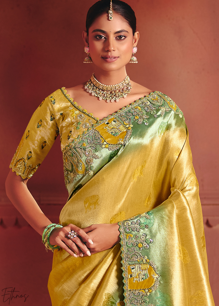 Canary Yellow Floral Resham Silk Saree
