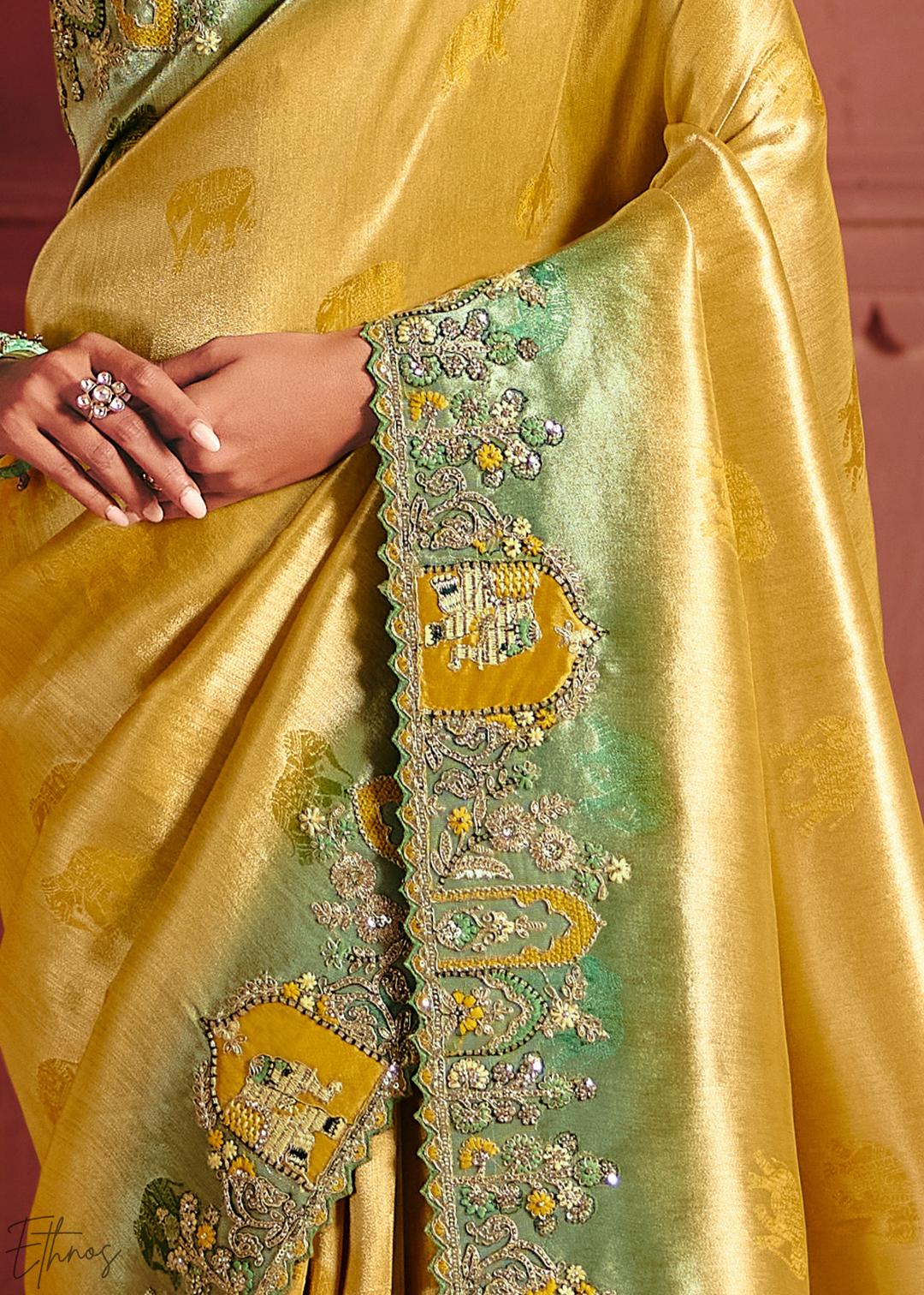 Canary Yellow Floral Resham Silk Saree