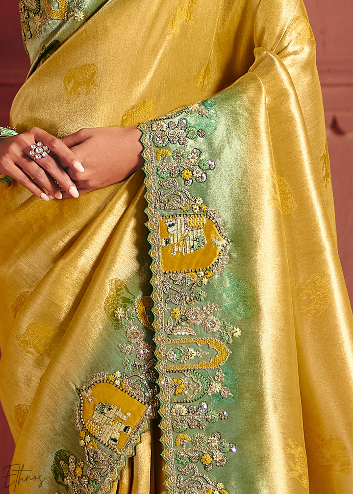 Canary Yellow Floral Resham Silk Saree