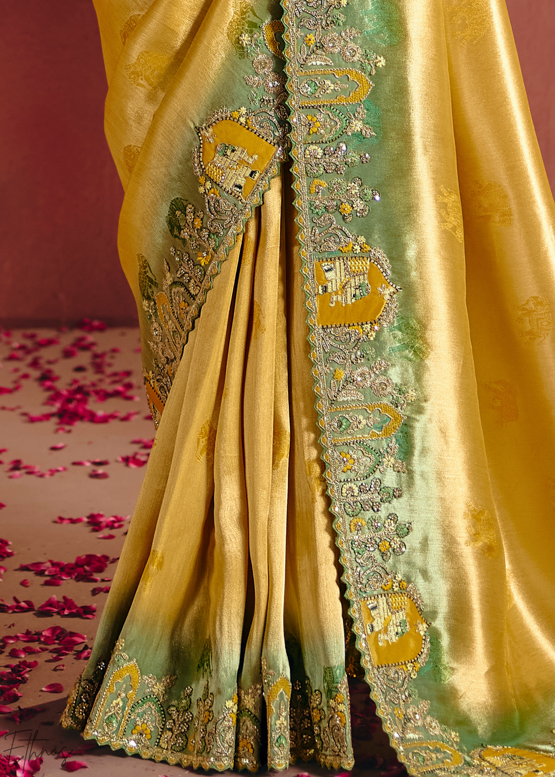 Canary Yellow Floral Resham Silk Saree