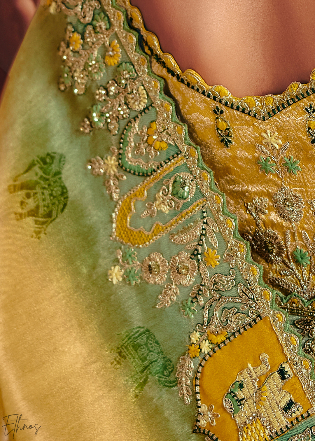 Canary Yellow Floral Resham Silk Saree