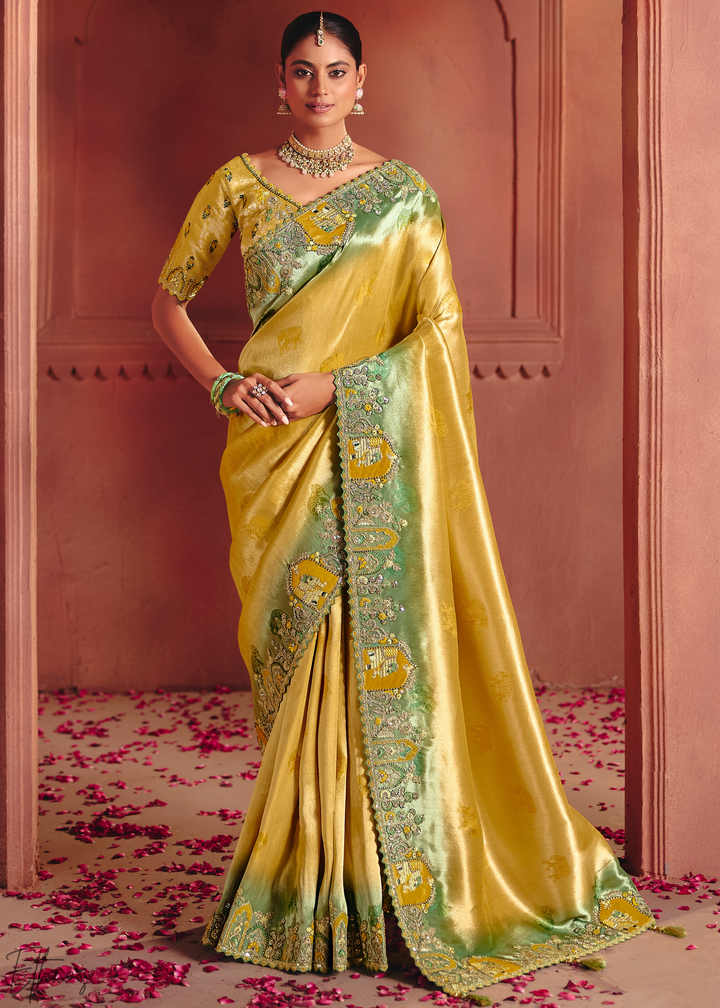 Canary Yellow Floral Resham Silk Saree