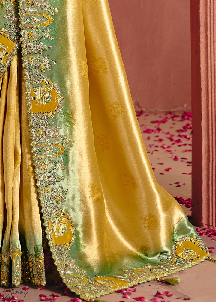 Canary Yellow Floral Resham Silk Saree