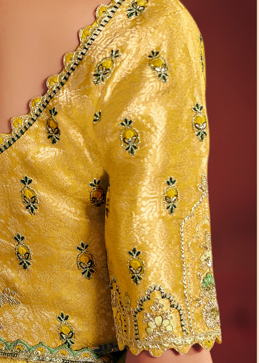 Canary Yellow Floral Resham Silk Saree