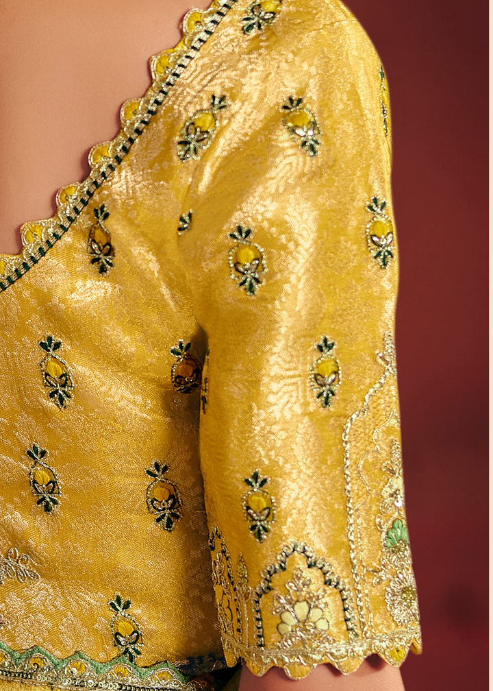 Canary Yellow Floral Resham Silk Saree