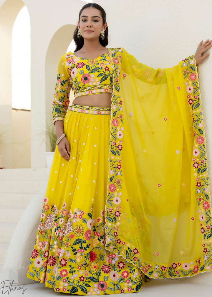 Canary Yellow Multi-Floral Embroidered Organza Lehenga Set