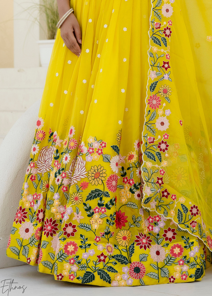 Canary Yellow Multi-Floral Embroidered Organza Lehenga Set