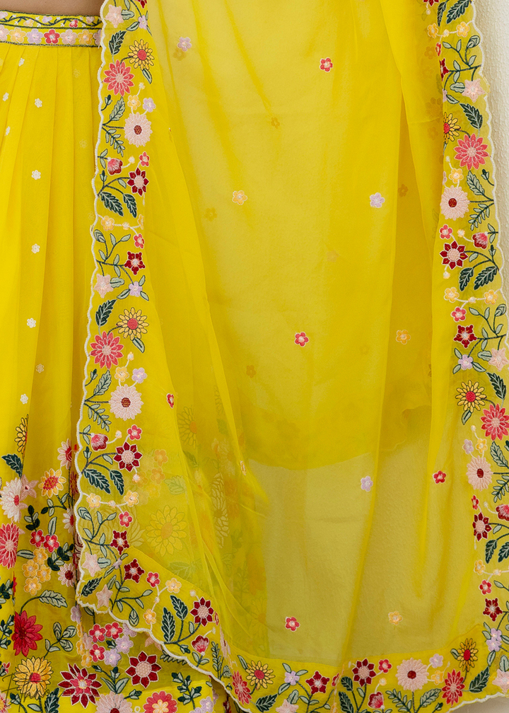 Canary Yellow Multi-Floral Embroidered Organza Lehenga Set
