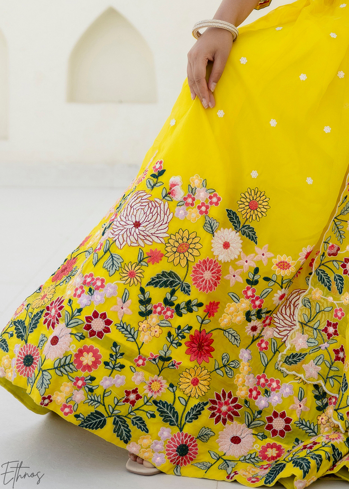 Canary Yellow Multi-Floral Embroidered Organza Lehenga Set