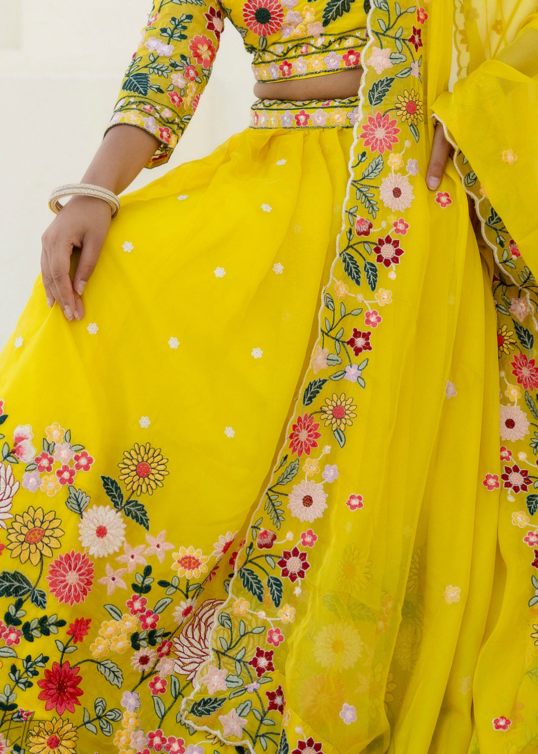 Canary Yellow Multi-Floral Embroidered Organza Lehenga Set
