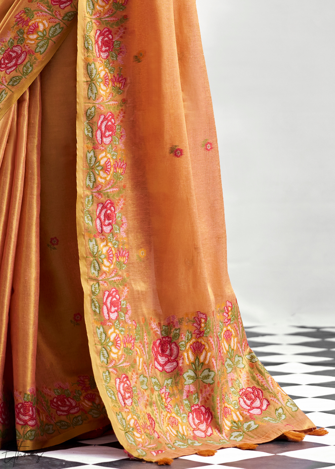 Cantaloupe Orange Rose Border Saffron Tissue Saree