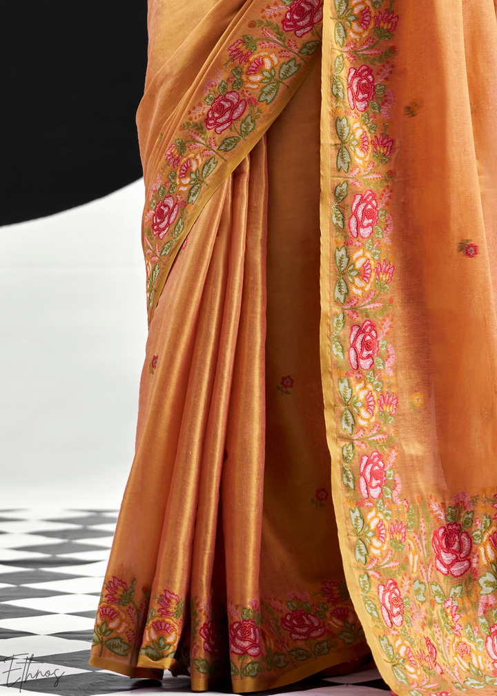 Cantaloupe Orange Rose Border Saffron Tissue Saree