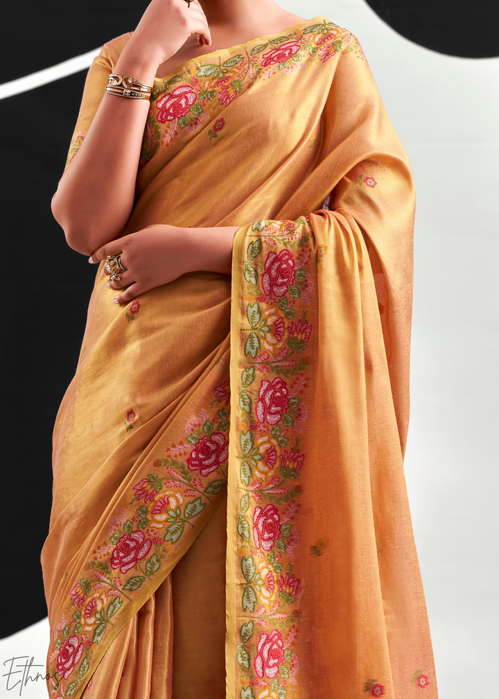 Cantaloupe Orange Rose Border Saffron Tissue Saree