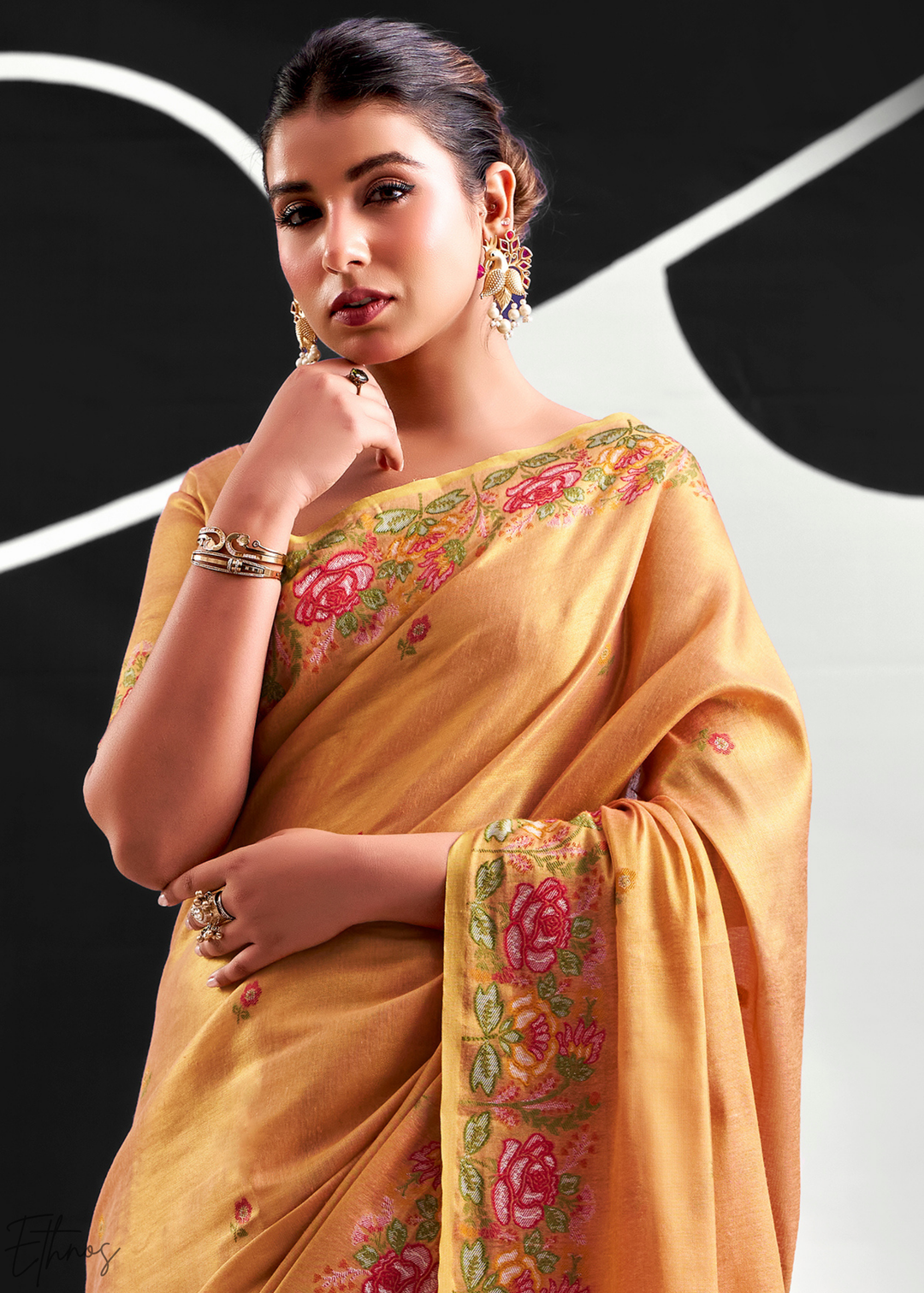Cantaloupe Orange Rose Border Saffron Tissue Saree