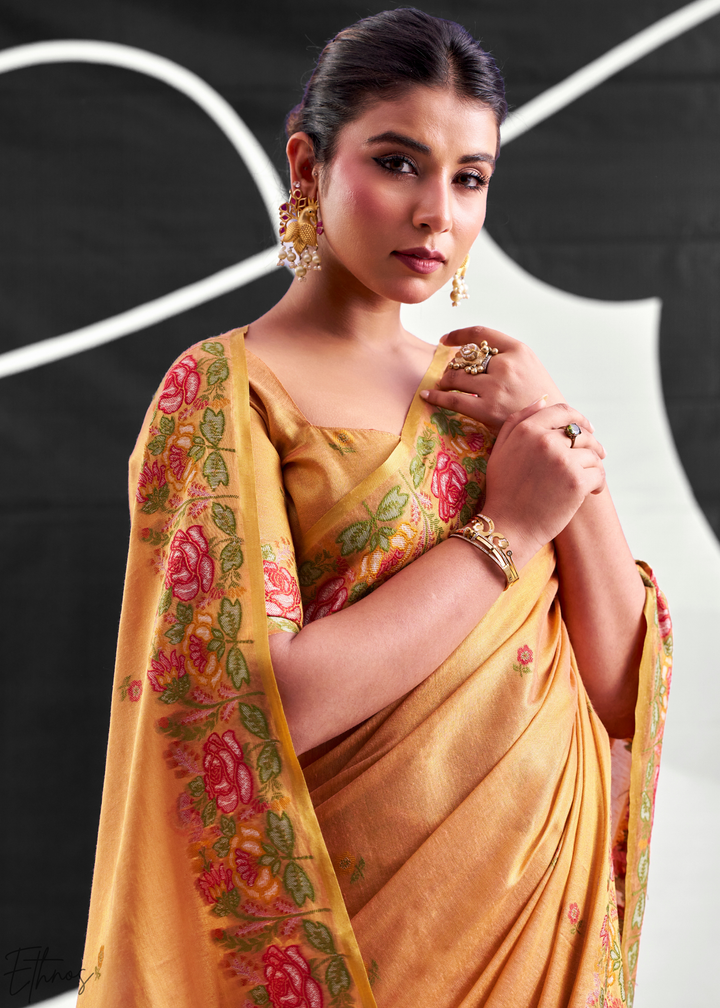Cantaloupe Orange Rose Border Saffron Tissue Saree