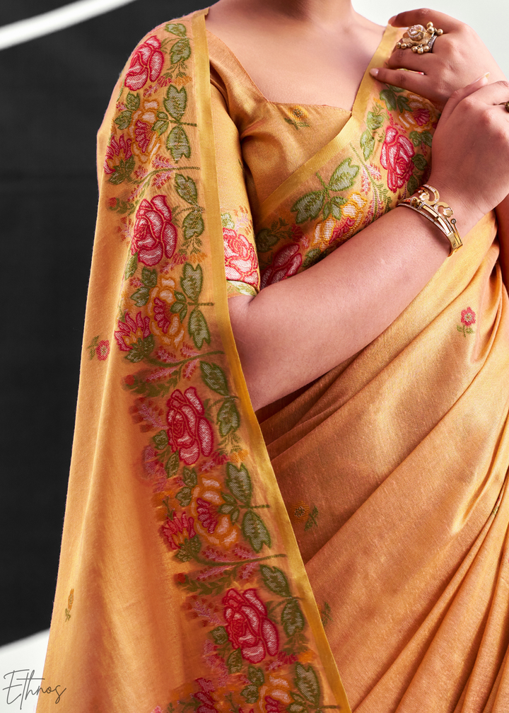 Cantaloupe Orange Rose Border Saffron Tissue Saree