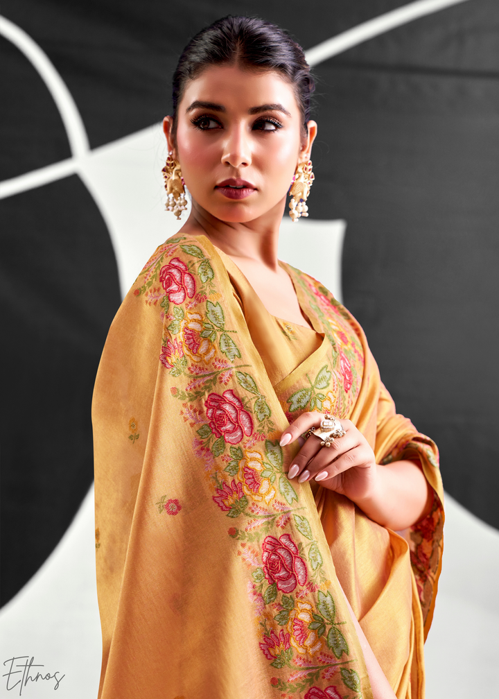 Cantaloupe Orange Rose Border Saffron Tissue Saree