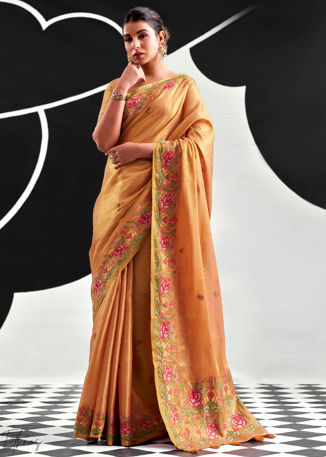 Cantaloupe Orange Rose Border Saffron Tissue Saree