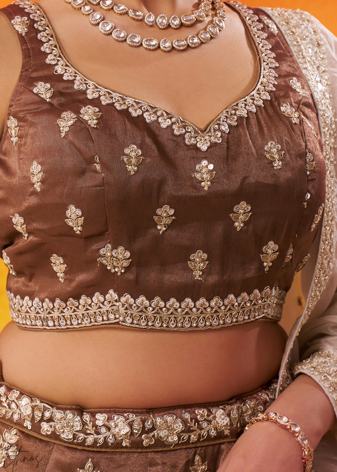 Caramel Brown Tissue Silk Lehenga
