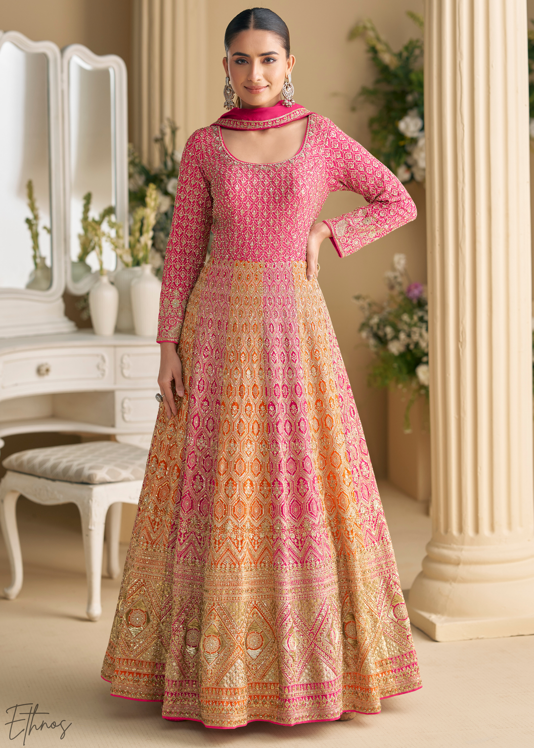 Carnelian Prism Aura Crystal-Encrusted Georgette Gown Set