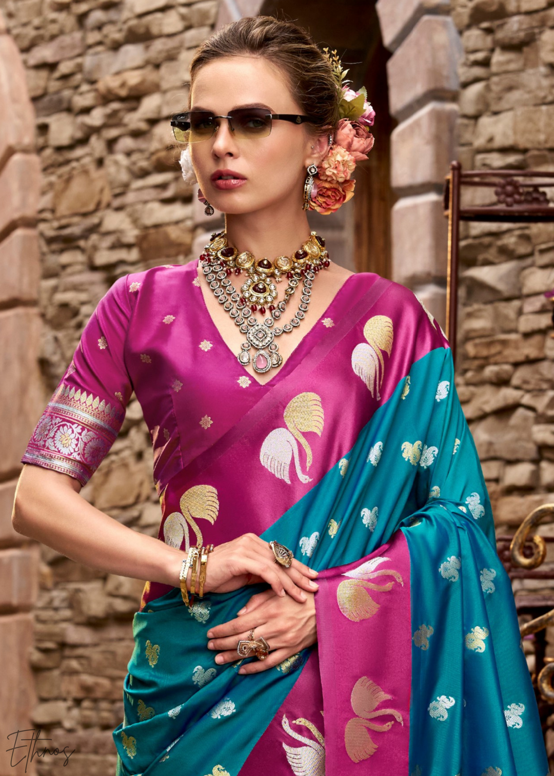 Caspian Blue Ethereal Swan Satin Silk Saree