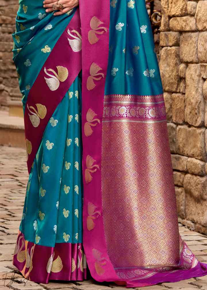 Caspian Blue Ethereal Swan Satin Silk Saree