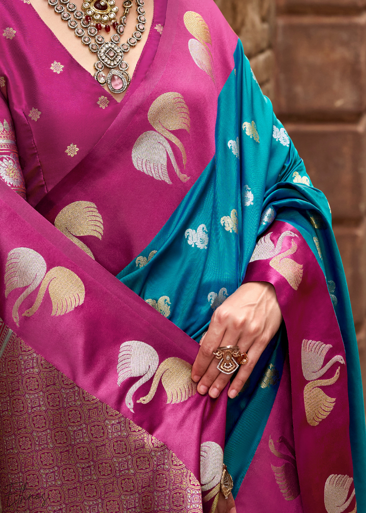 Caspian Blue Ethereal Swan Satin Silk Saree