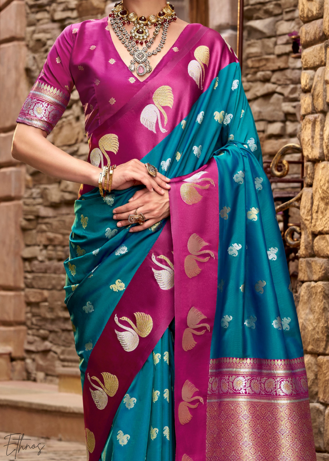 Caspian Blue Ethereal Swan Satin Silk Saree