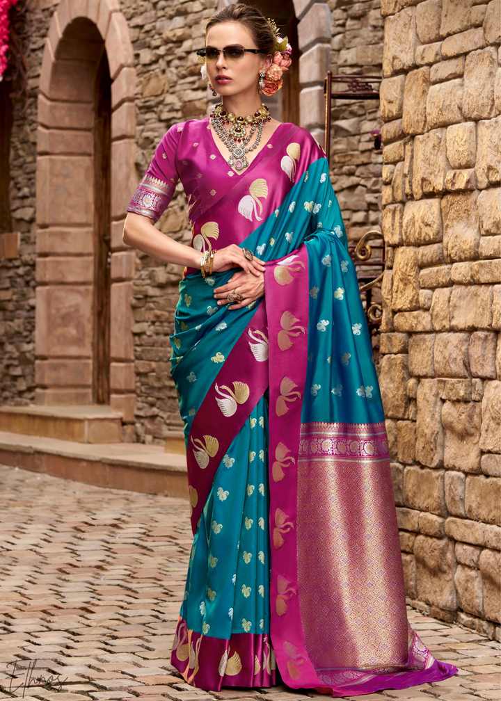 Caspian Blue Ethereal Swan Satin Silk Saree