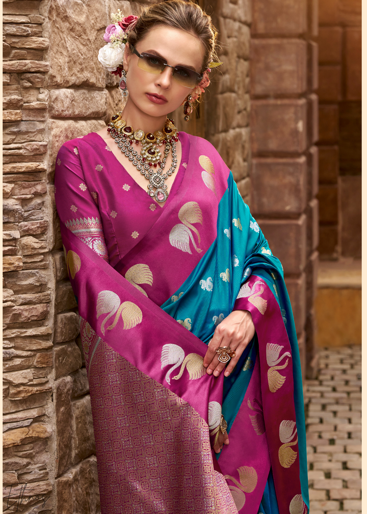 Caspian Blue Ethereal Swan Satin Silk Saree