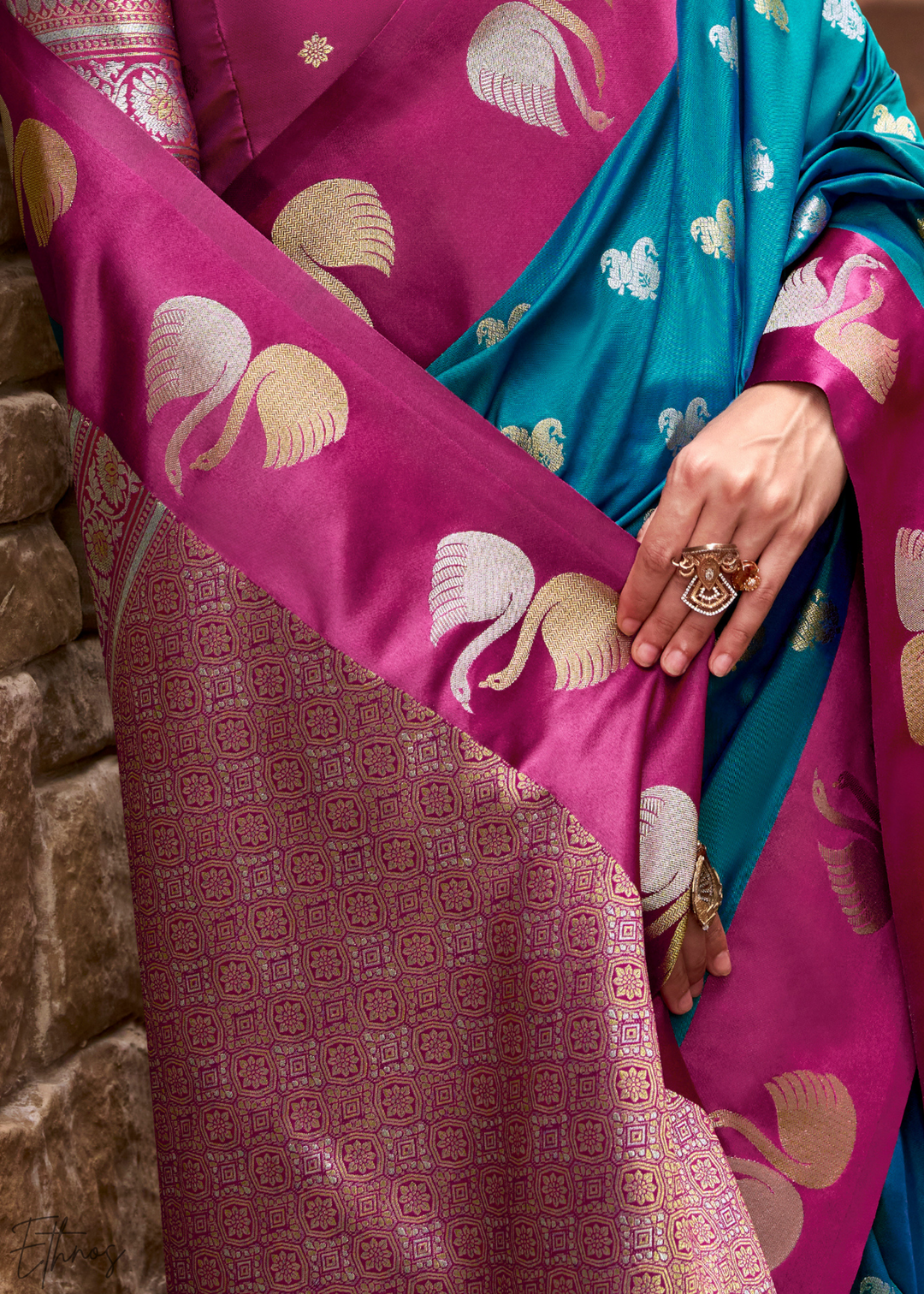 Caspian Blue Ethereal Swan Satin Silk Saree