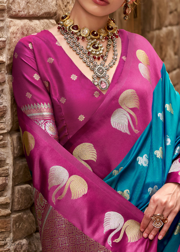 Caspian Blue Ethereal Swan Satin Silk Saree