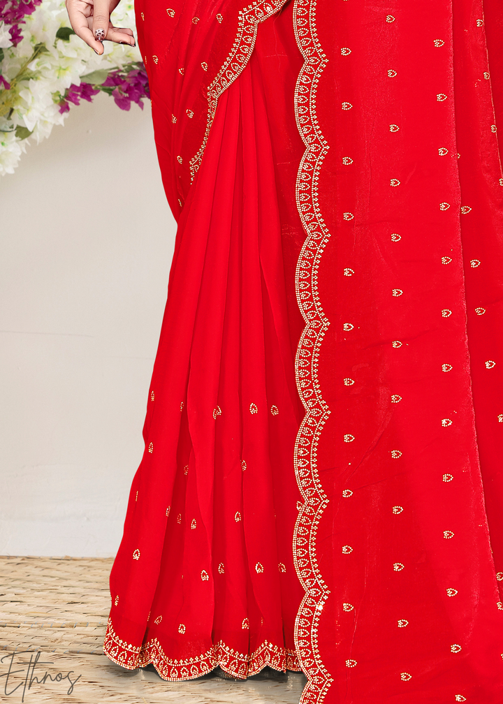 Cayenne Red Scallop Stippled Satin Silk Saree