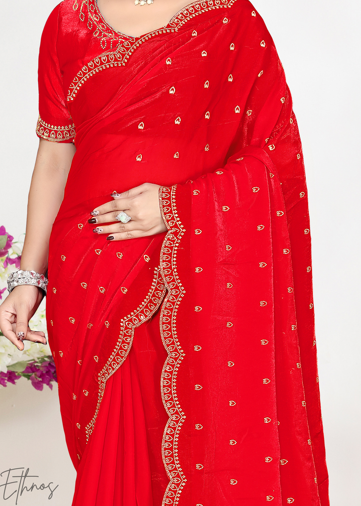 Cayenne Red Scallop Stippled Satin Silk Saree