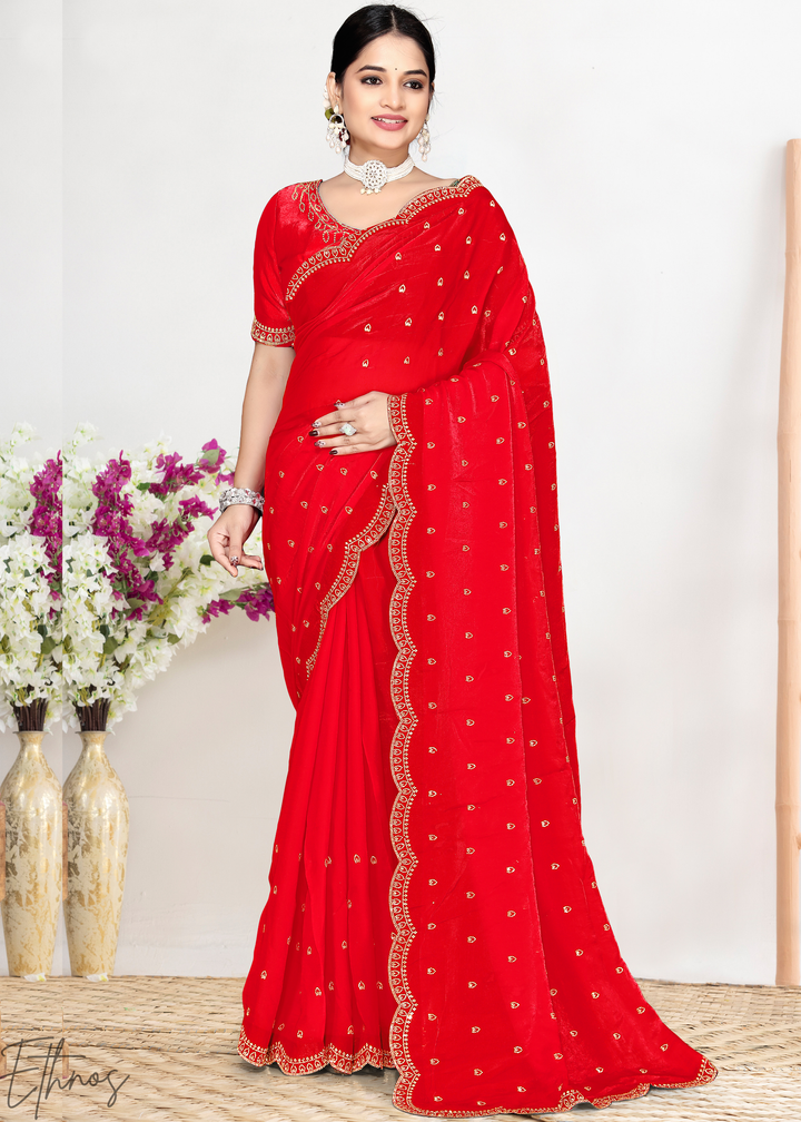 Cayenne Red Scallop Stippled Satin Silk Saree