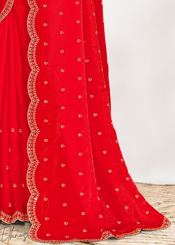 Cayenne Red Scallop Stippled Satin Silk Saree