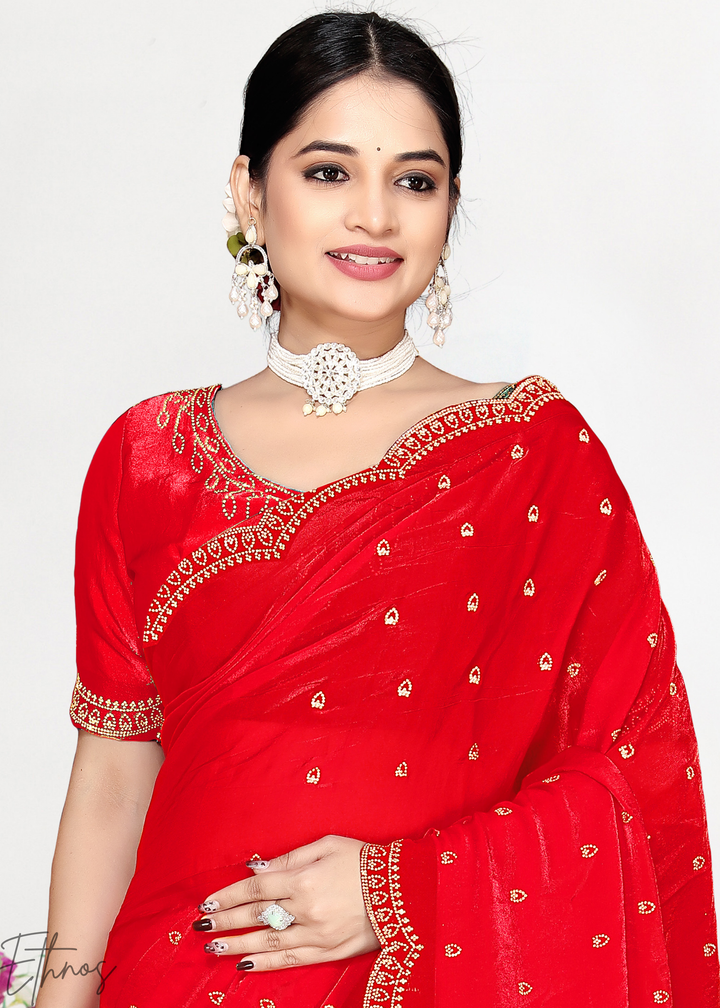 Cayenne Red Scallop Stippled Satin Silk Saree