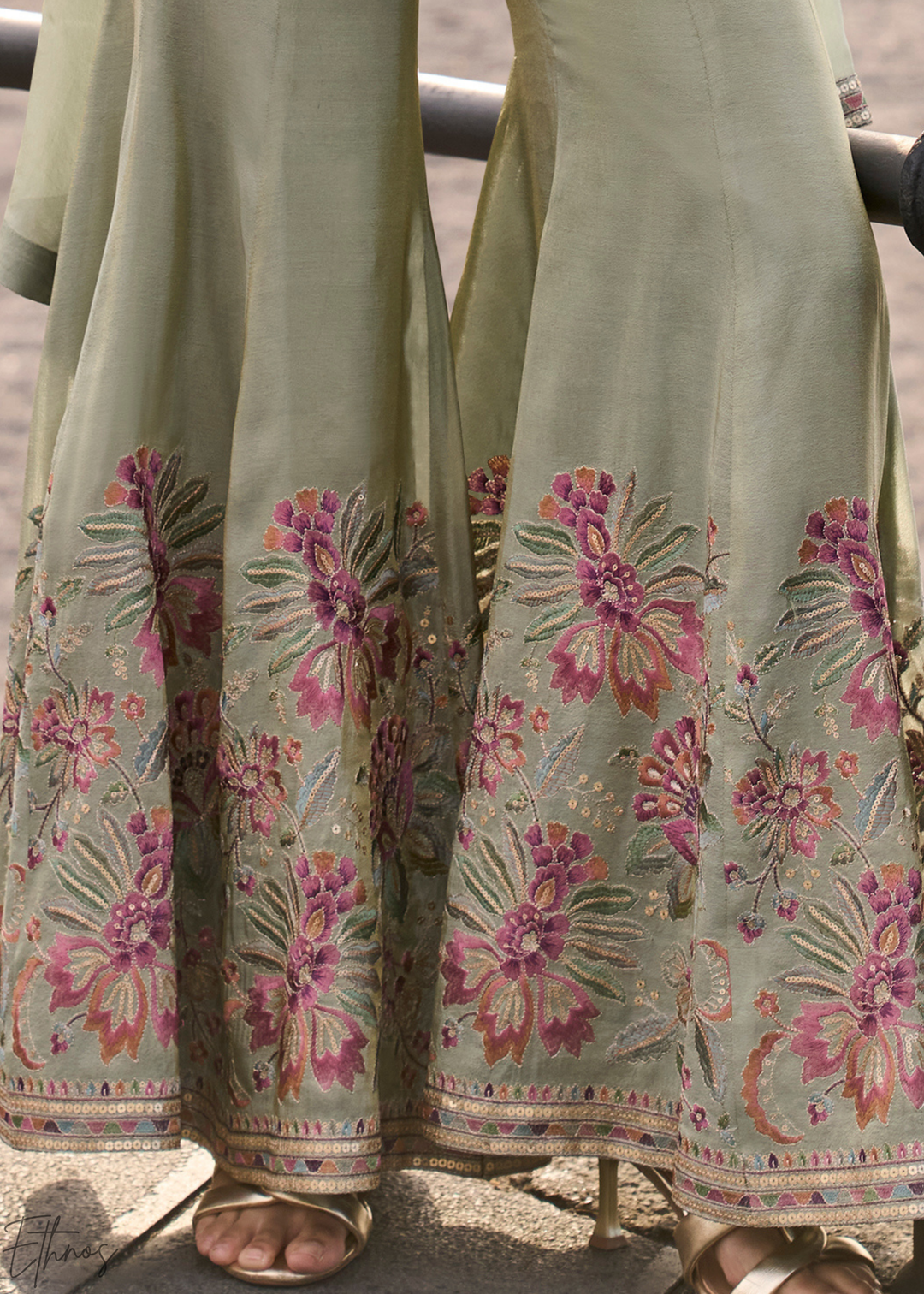 Celadon Green Floral Chinon Crop Top Palazzo Set