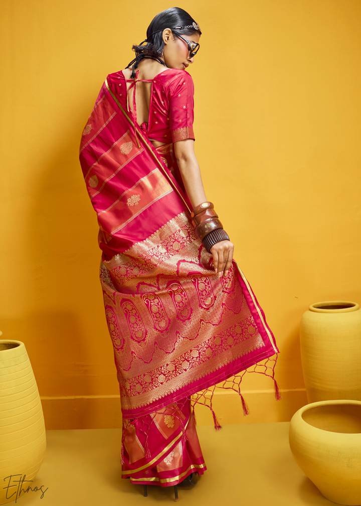 Cerise Rose Gold-Infused Jacquard Satin Silk Saree