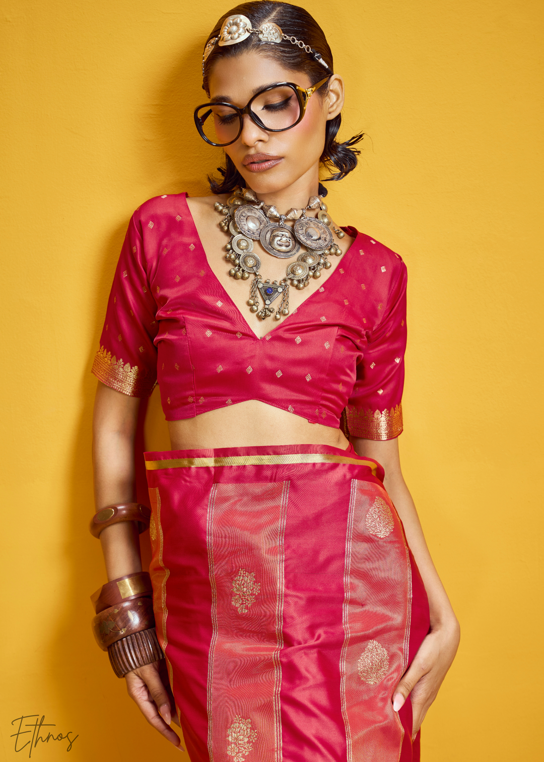 Cerise Rose Gold-Infused Jacquard Satin Silk Saree