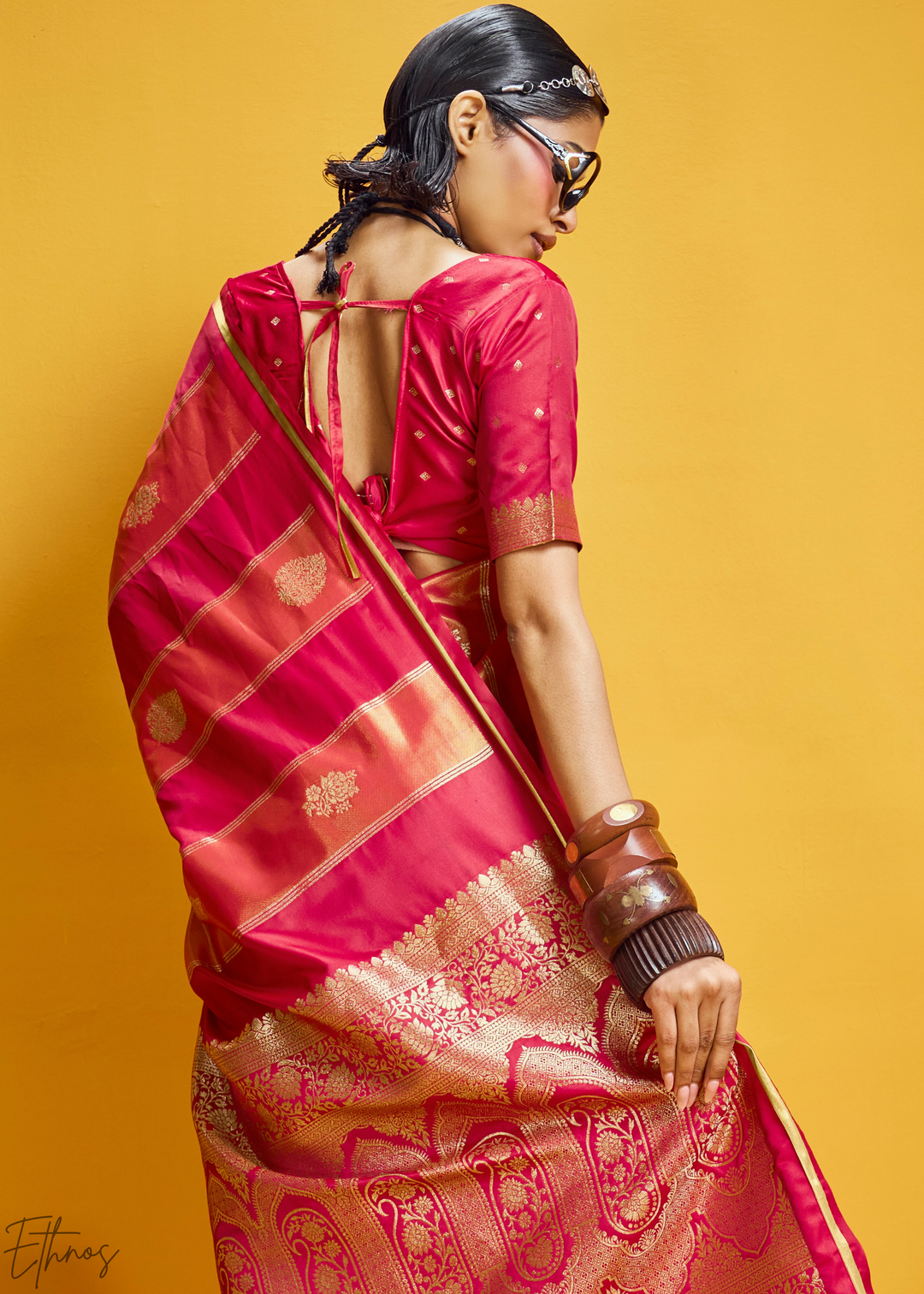 Cerise Rose Gold-Infused Jacquard Satin Silk Saree