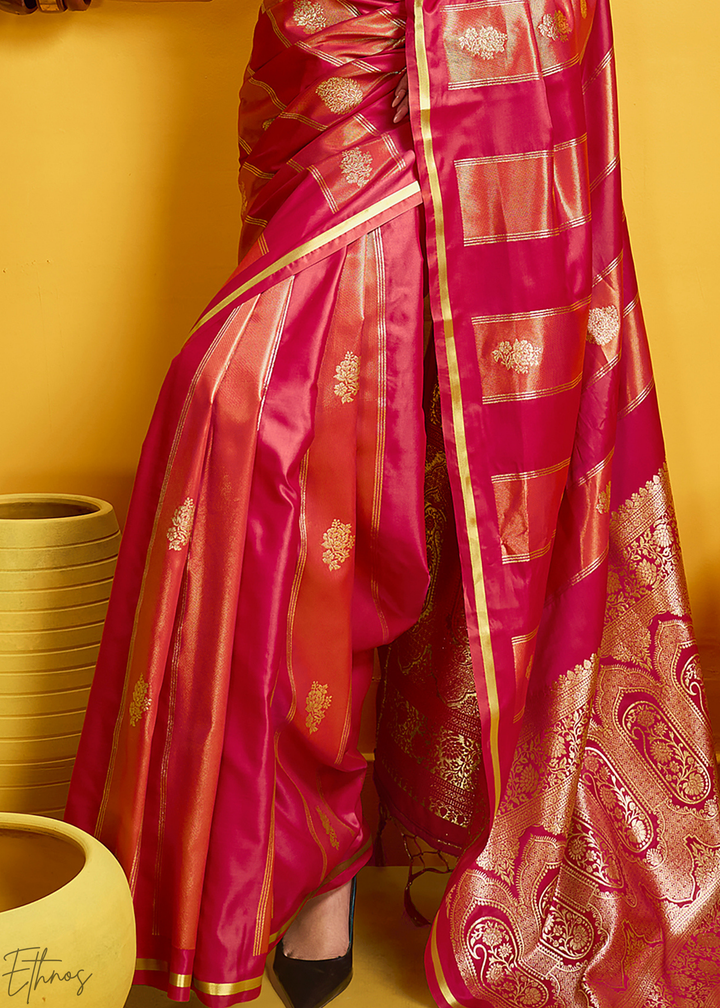 Cerise Rose Gold-Infused Jacquard Satin Silk Saree